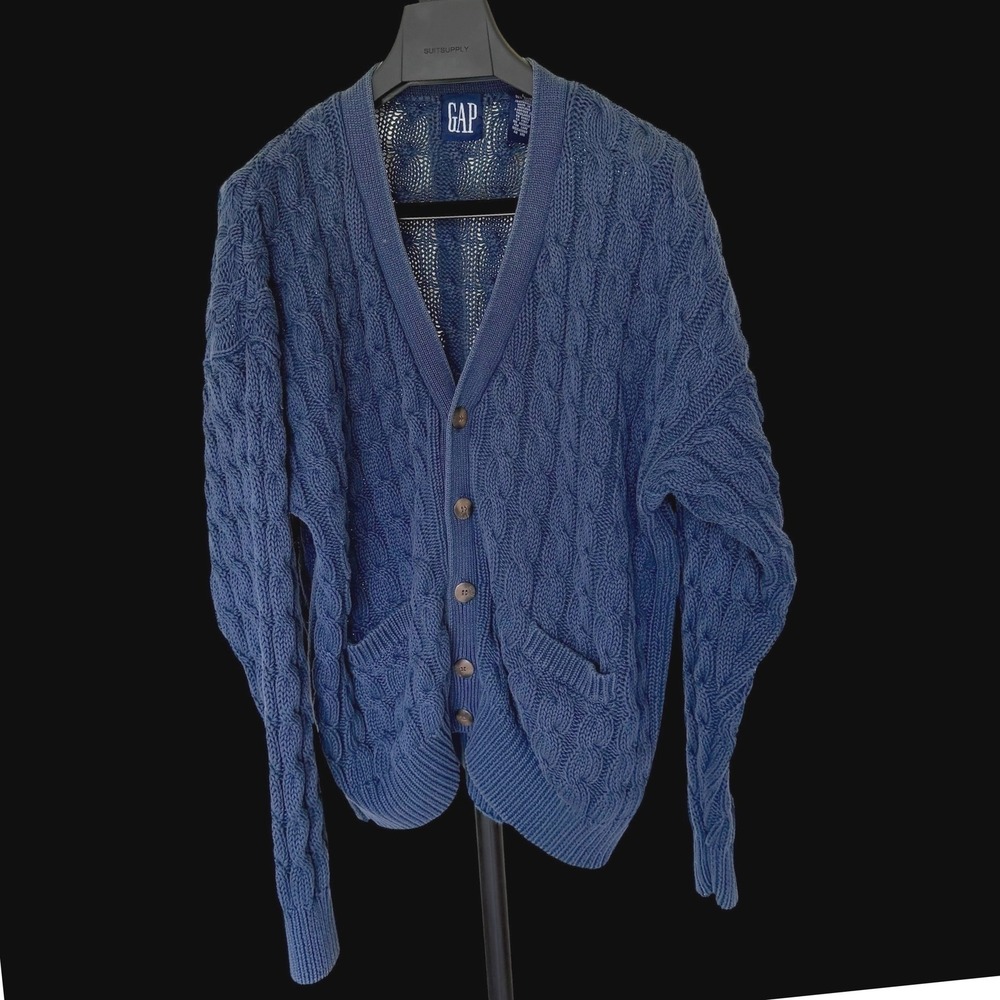 90's Gap Blue Cable Knit Cardigan Sweater Ramie Cotton Blend V-Neck Large